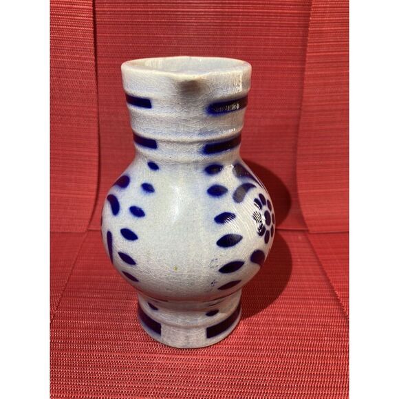 Ceramic Floral Pitcher / Small Size /Pottery Spout Handle / Folk Art /Blue Paint - Picture 6 of 12